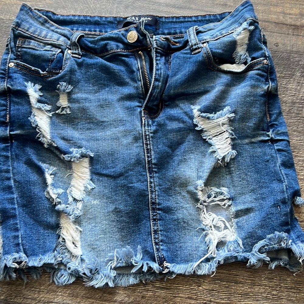 Distressed jean skirt